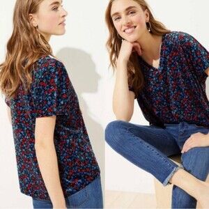 Loft Velvet Blouse Shirt Top V Neck Short Sleeve Romantic Floral Velour Size XL